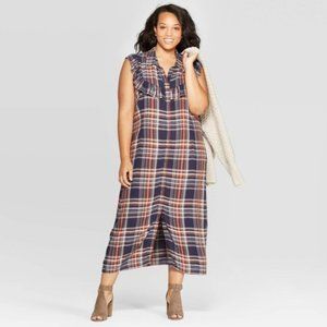 Women's Plaid Sleeveless Ruffle Midi Dress